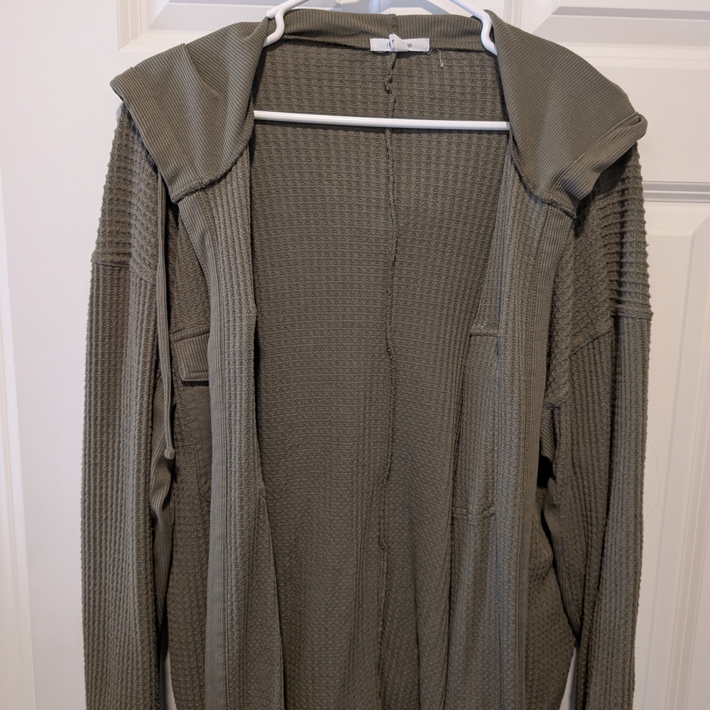 Maurices Olive Green Waffle Knit Hooded Open Cardigan